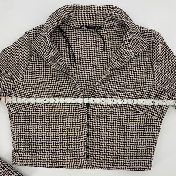 Zara Cropped Herringbone Houndstooth Black Cream Blazer Top S - Picture 8 of 9